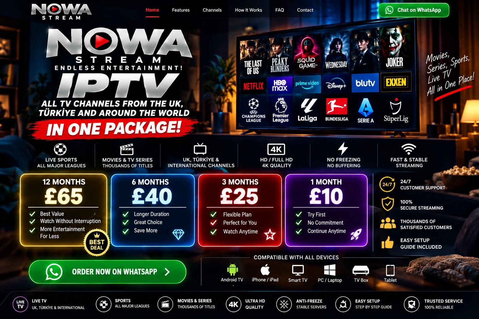 Nowa Stream English promotional artwork featuring streaming devices and prices: 1 month £10, 3 months £25, 6 months £40, 12 months £65